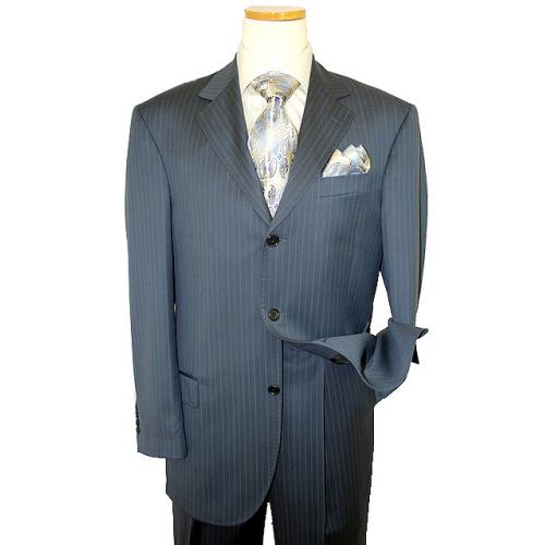 Extrema by Zanetti Slate Blue With Cognac/Silver Grey Pinstripes Super 120's Wool Suit